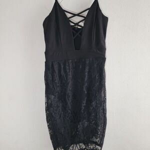 VM Womens Black Floral Lace V Neck Sleeveless Spaghetti Strap Sheath Dress Small